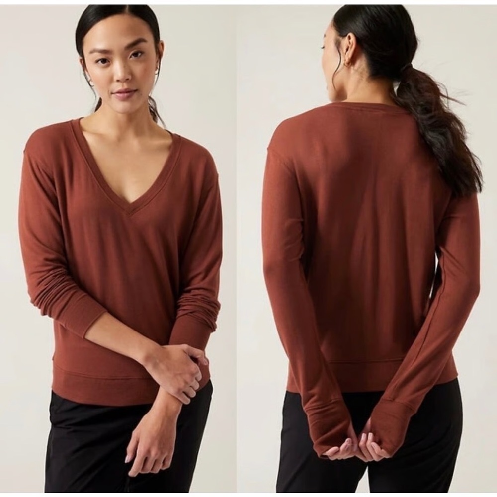Athleta Sunrise Vneck Sweatshirt in Ancient Mahogany Brown